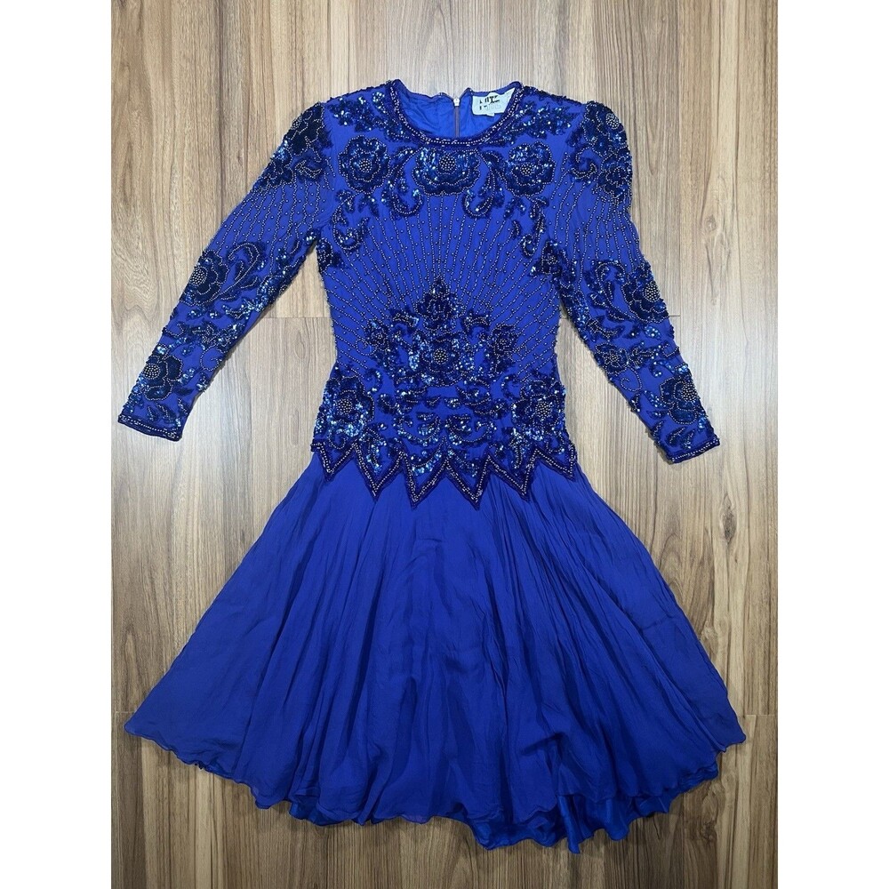 Niteline Dress Womens 8 Blue Silk Sequin Beaded Vintage